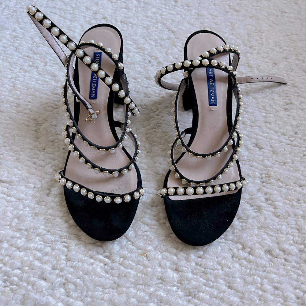 Stuart Weitzman black pearl block heel straps sandals